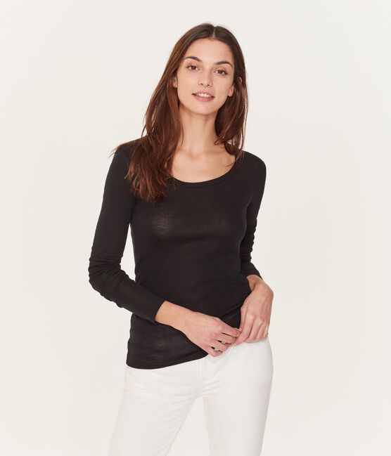 Camiseta de manga larga con cuello de bailarina de mujer negro NOIR
