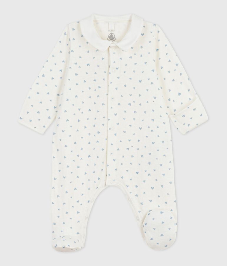 Pijama de terciopelo con cuello con estampado de corazones para beb&eacute; blanco/azul
