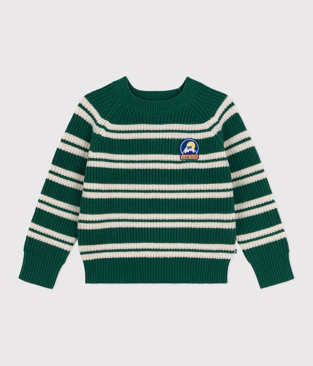 Jersey infantil de lana y algod&oacute;n a rayas verde/crudo