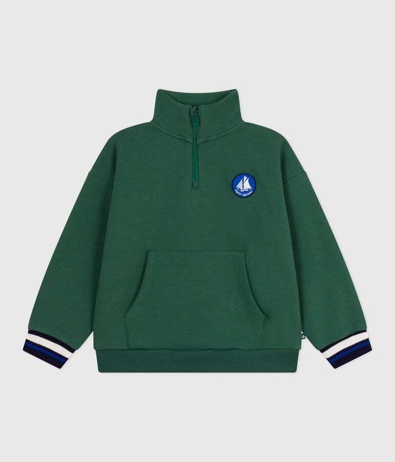 Sudadera infantil de algod&oacute;n liso con cremallera en el cuello verde
