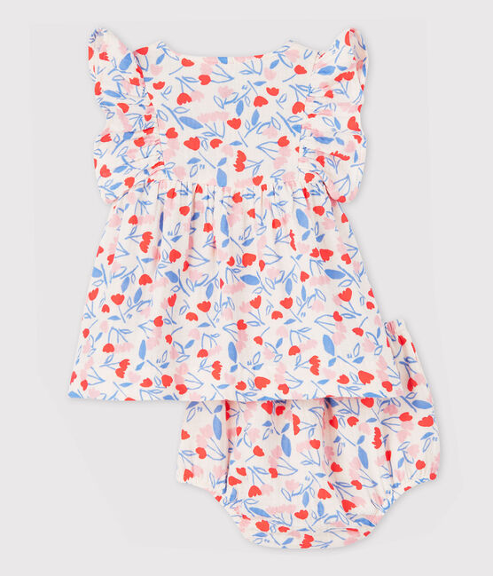 Vestido sin mangas de flores con braguitas bloomer de bebé niña de tela de pañal de algodón ecológico rosa FLEUR/blanco MULTICO