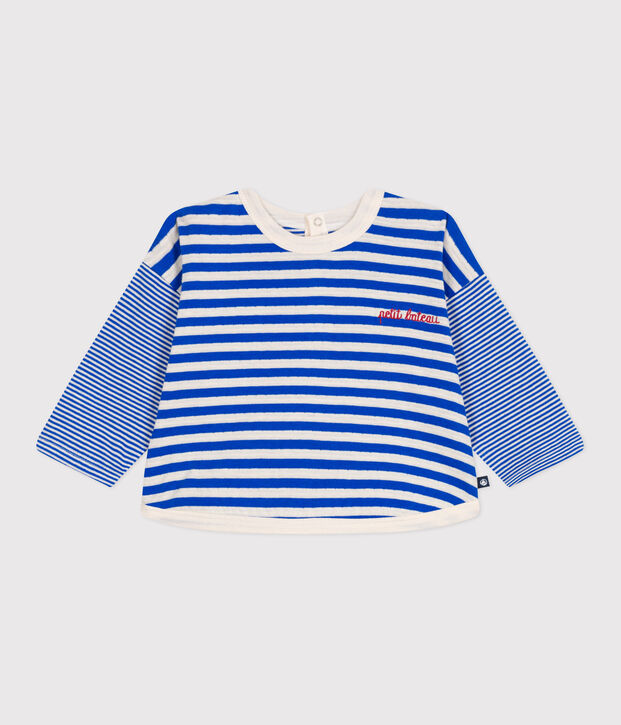 Camiseta de manga larga de algod&oacute;n a rayas para beb&eacute; azul/crudo