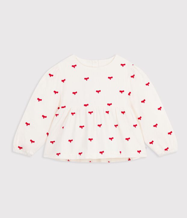 Blusa infantil de algod&oacute;n de manga larga con estampado de lazos crudo/rojo