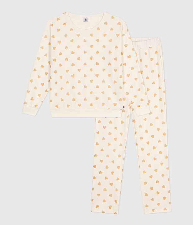 Pijama de algod&oacute;n con estampado de corazones dorados para mujer crudo/amarillo
