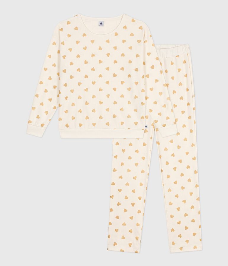 Pijama de algod&oacute;n con estampado de corazones dorados para mujer crudo/amarillo