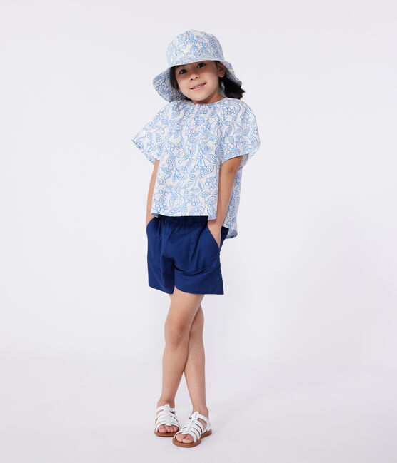 Blusa infantil de algodón de manga corta con estampado de cerezas azul MARSHMALLOW/ PORCELANA