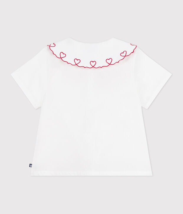 Blusa infantil de manga corta de popelina de algod&oacute;n lisa blanco