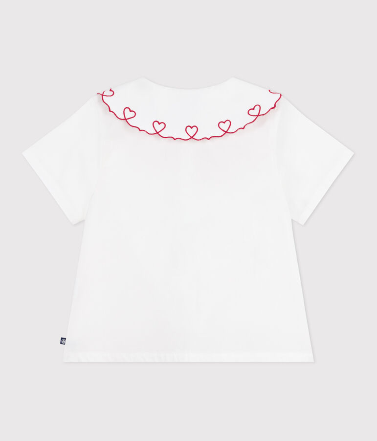 Blusa infantil de manga corta de popelina de algod&oacute;n lisa blanco