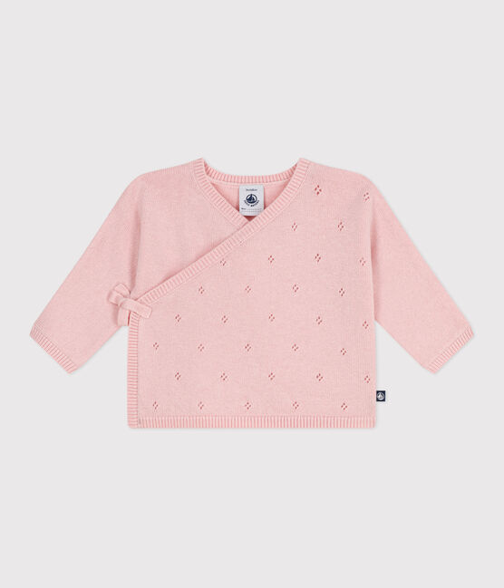 Jersey cruzado calado de punto tricotado de lana y algodón para bebé rosa JOLI