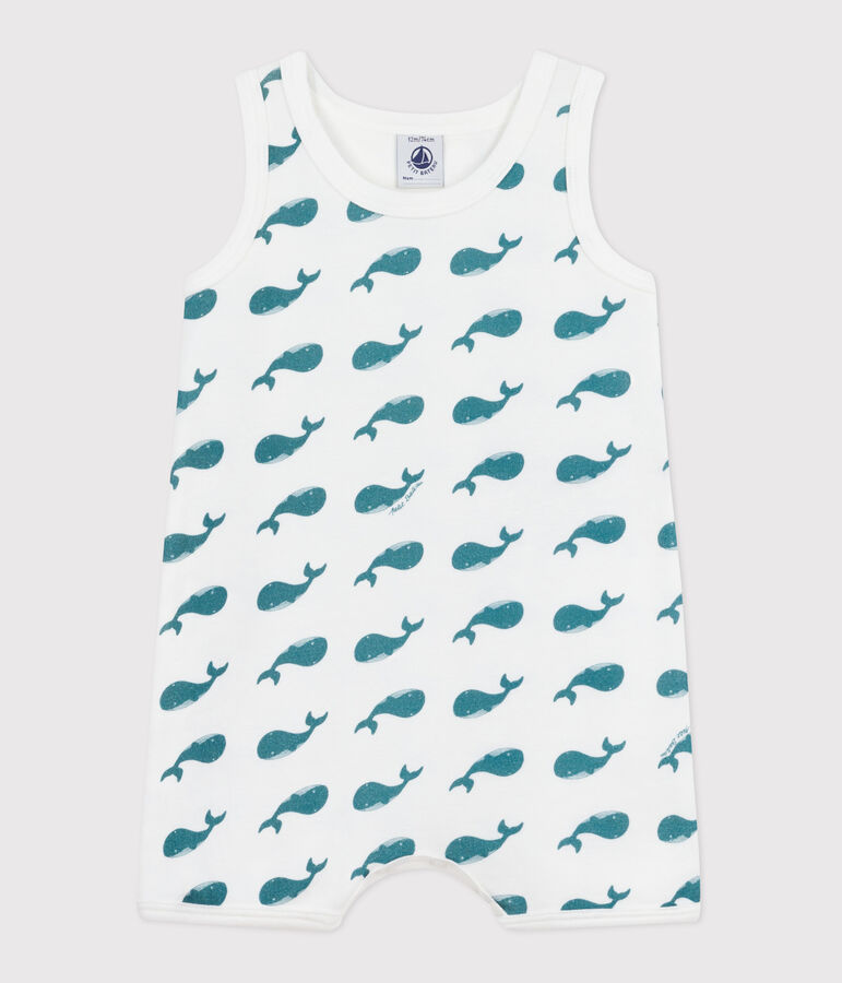 Mono corto de algod&oacute;n con ballenas para beb&eacute; blanco/verde