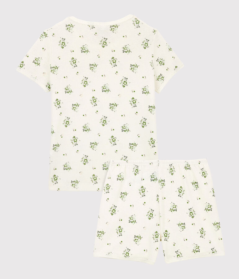 Pijama corto de algod&oacute;n y lino con flores para ni&ntilde;a blanco MARSHMALLOW/blanco MULTICO