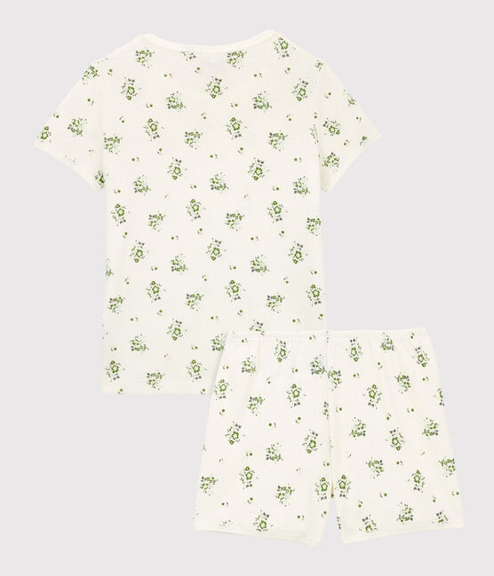 Pijama corto de algodón y lino con flores para niña blanco MARSHMALLOW/blanco MULTICO