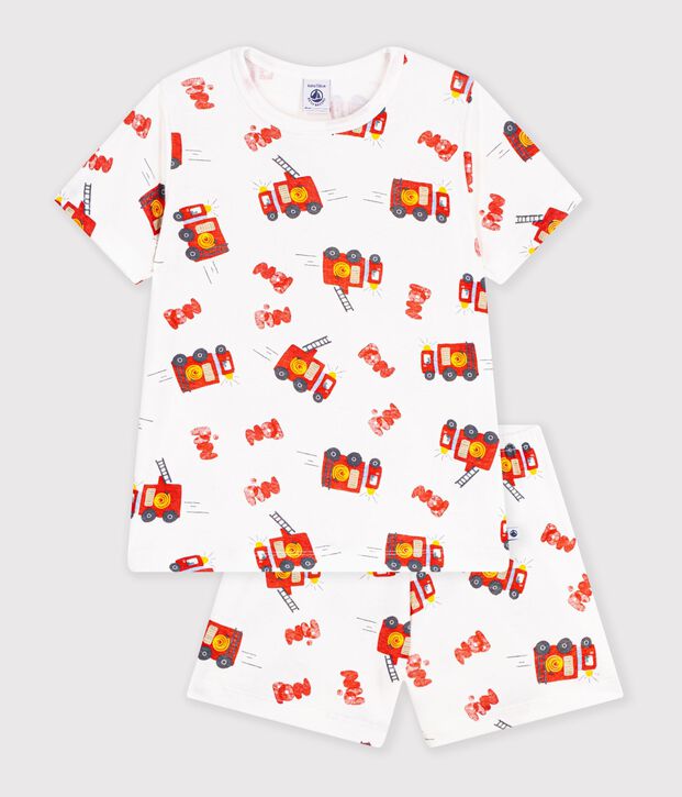 Pijama corto infantil de algod&oacute;n con estampado de bombero blanco/multicolor