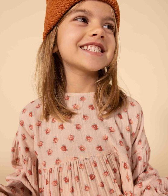 Vestido de manga larga de gasa de algodón con flores de niña rosa SALINE/blanco MULTICO