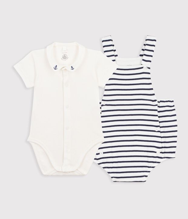 Conjunto de 2 piezas de algod&oacute;n a rayas con detalles bordados para beb&eacute; blanco/azul