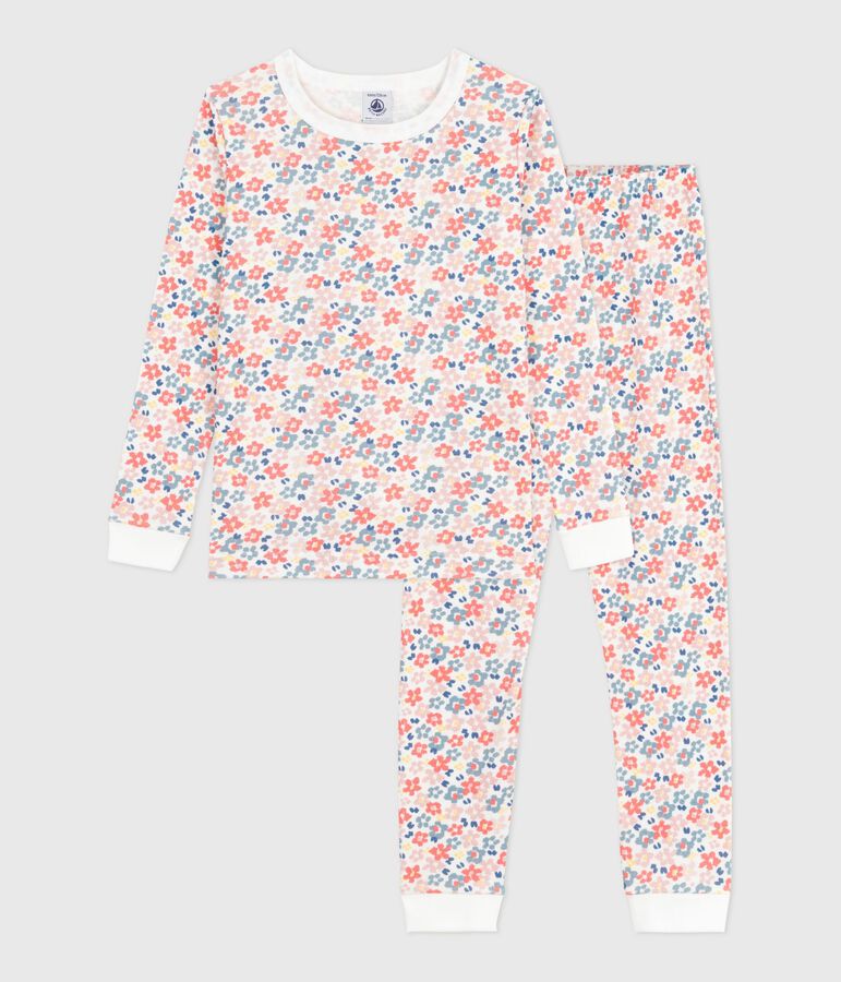 Pijama infantil de algod&oacute;n con pierna muy ajustada y estampado de flores blanco/multicolor