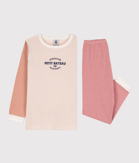 Pijama de algodón milrayas tricolor para niño/niña rosa SALINE/blanco MULTICO