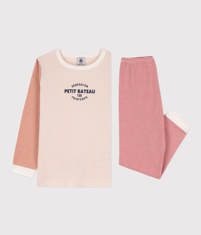 Pijama de algod&oacute;n milrayas tricolor para ni&ntilde;o/ni&ntilde;a rosa SALINE/blanco MULTICO