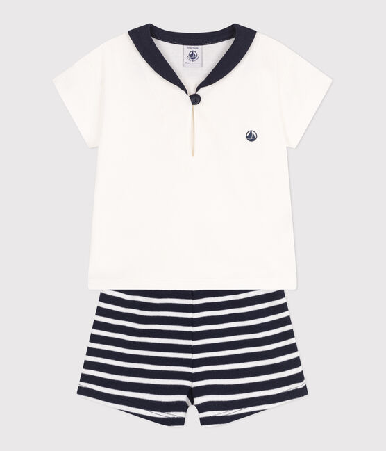 Conjunto de dos piezas de algodón con camiseta con cuello de uniforme para bebé azul SMOKING/blanco MARSHMALLOW