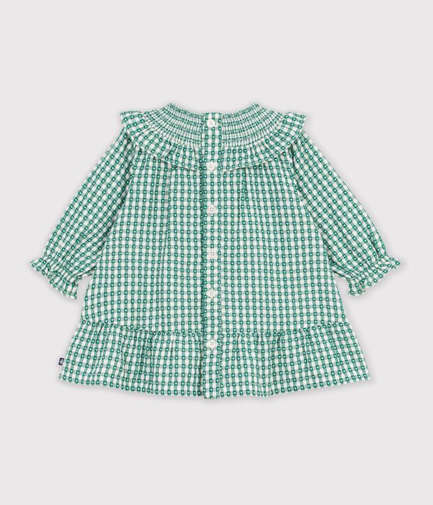 Vestido vichy de manga larga de algod&oacute;n para beb&eacute; verde/blanco