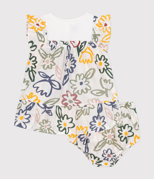 Vestido de manga corta y pololo de popelina para beb&eacute; blanco/multicolor