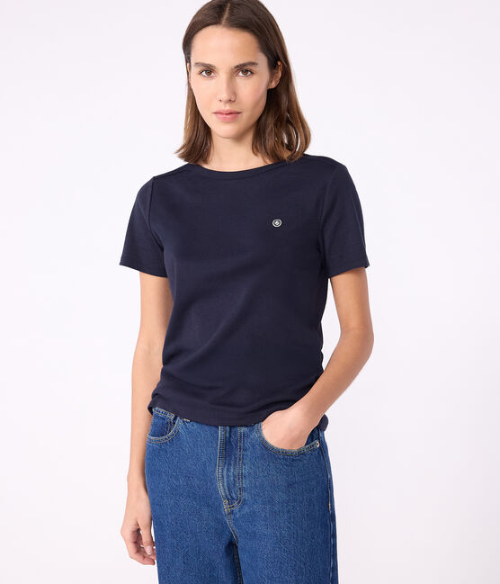 Camiseta icónica de mujer con cuello almirante de algodón  azul SMOKING