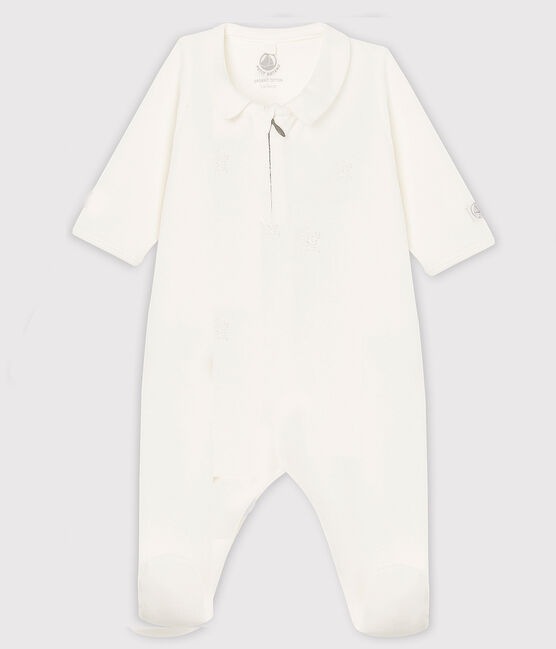 Pijama enterizo blanco con cremallera de bebé en terciopelo de algodón ecológico blanco MARSHMALLOW