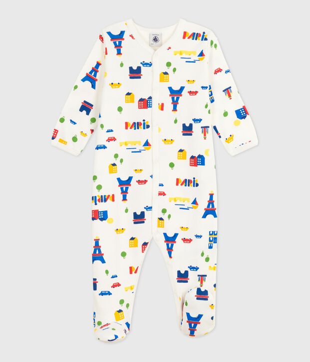 Pijama de felpa cepillada con cuello estampado de Par&iacute;s para beb&eacute; blanco/multicolor