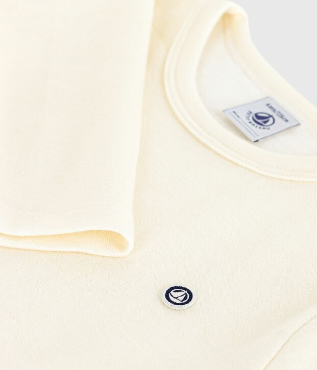 Camiseta infantil lisa de manga larga de lana y algod&oacute;n beige