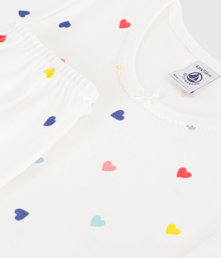 Pijama infantil de algod&oacute;n de manga corta y pierna larga con corazones blanco MARSHMALLOW/blanco MULTICO