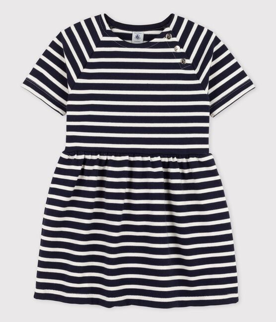 Vestido de manga corta de algodón de niña azul SMOKING/blanco MARSHMALLOW