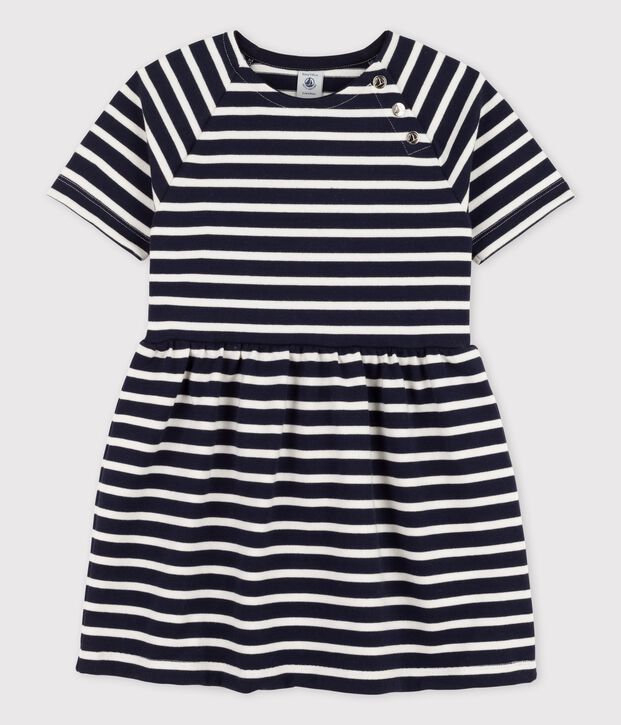 Vestido de manga corta de algod&oacute;n de ni&ntilde;a azul/blanco