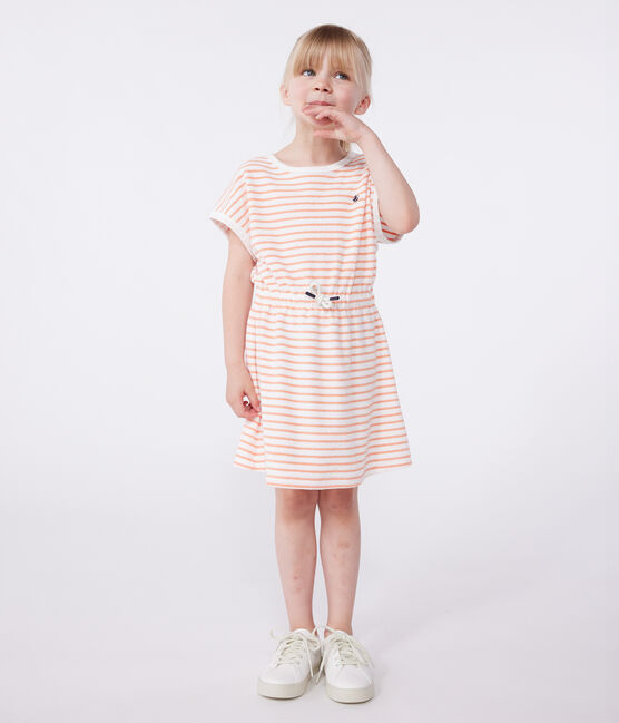Vestido infantil de rizo de algodón de manga corta a rayas naranja MARSHMALLOW/ ABRICOT