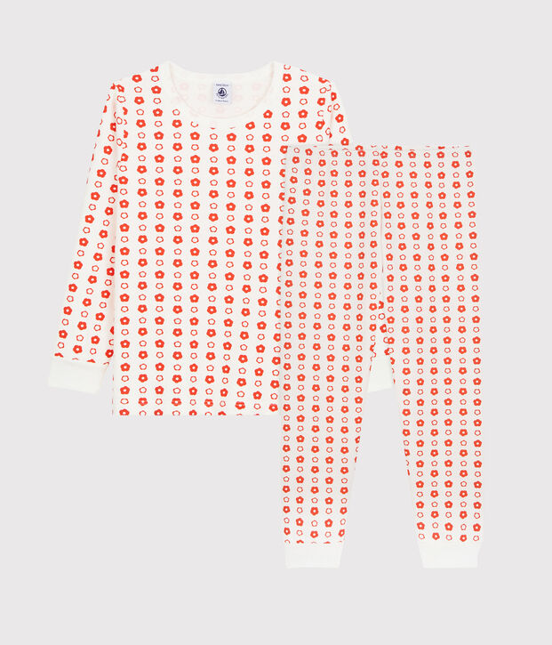 Pijama de ni&ntilde;a/ni&ntilde;o con estampado gr&aacute;fico de algod&oacute;n org&aacute;nico blanco/rojo