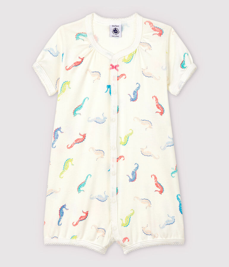 Mono corto con caballito de mar de beb&eacute; ni&ntilde;a de algod&oacute;n blanco/rosa