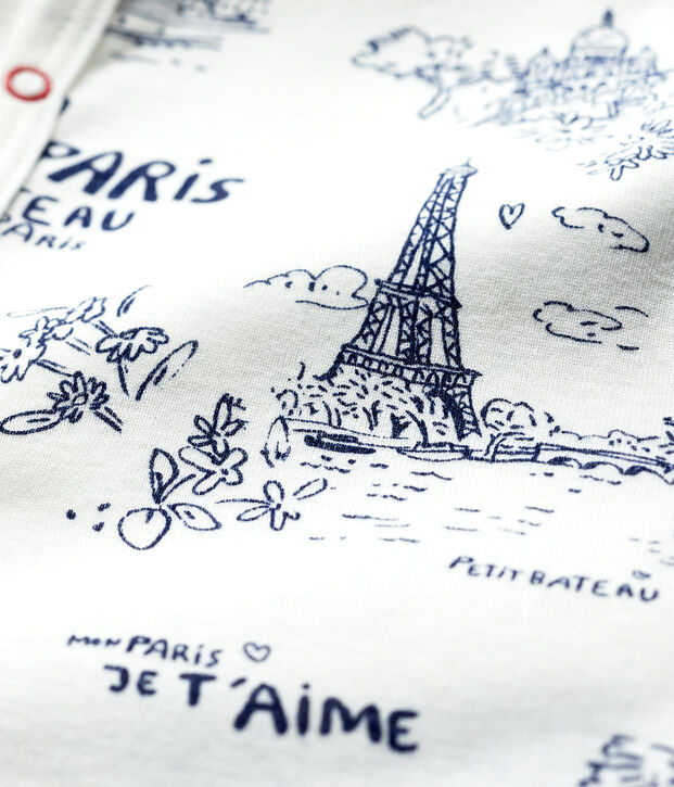 Mono corto de tela de Jouy Par&iacute;s de beb&eacute; de algod&oacute;n blanco/azul