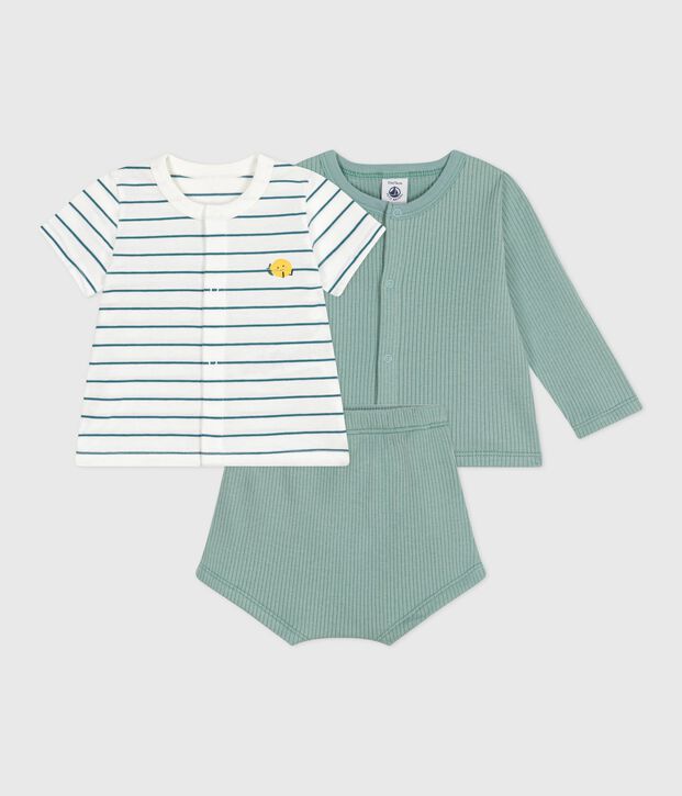 Conjunto de tres piezas de algod&oacute;n y camiseta a rayas con lim&oacute;n para reci&eacute;n nacido verde/multicolor