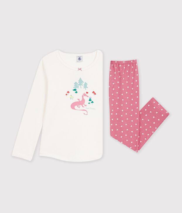 Pijama infantil de algod&oacute;n con estampado de dragones rosa/blanco