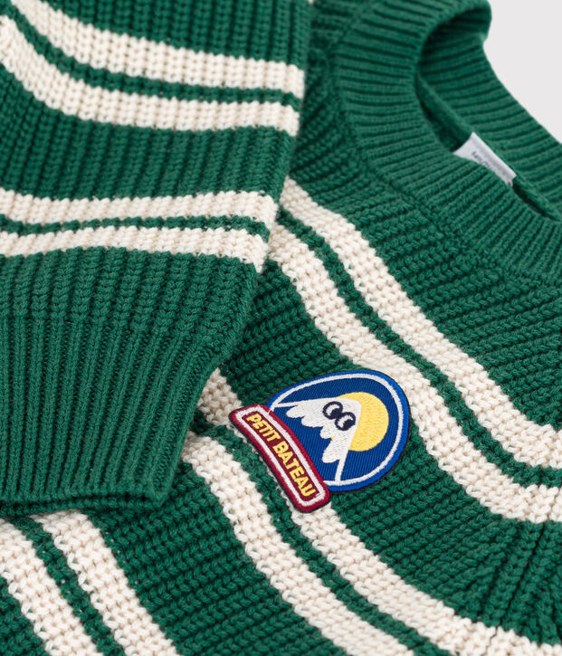 Jersey infantil de lana y algod&oacute;n a rayas verde/crudo