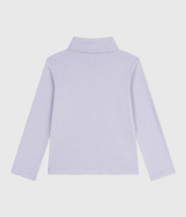 Camiseta infantil de cuello alto de algod&oacute;n a rayas violeta/blanco