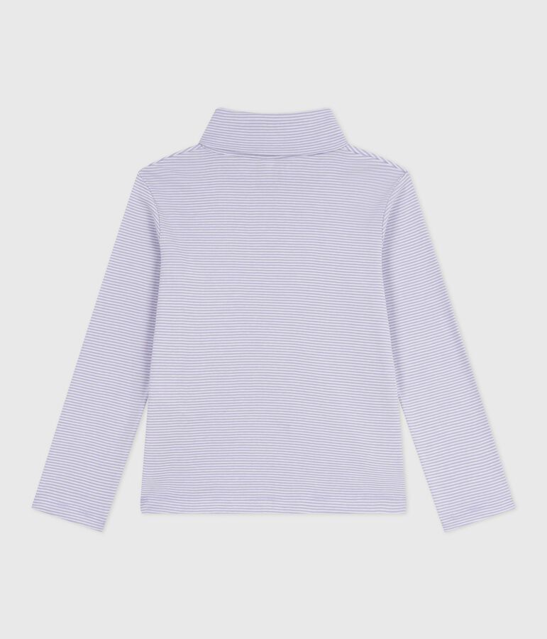 Camiseta infantil de cuello alto de algod&oacute;n a rayas violeta/blanco