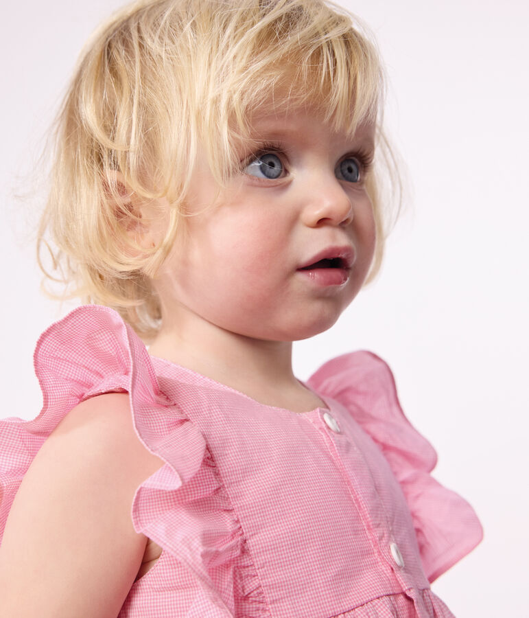 Vestido de algod&oacute;n ligero sin mangas y pololo con estampado vichy para beb&eacute; blanco/rosa