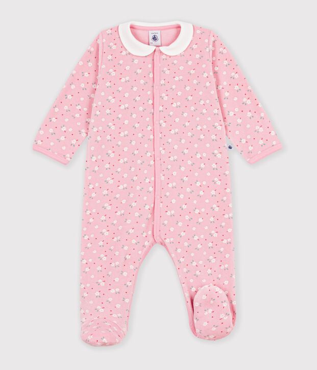 Pijama de terciopelo con cuello y estampado de flores para beb&eacute; rosa/multicolor