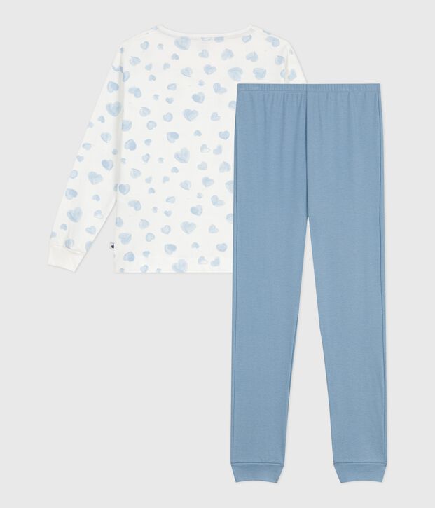 Pijama de algod&oacute;n bimaterial con estampado de corazones para mujer azul/multicolor