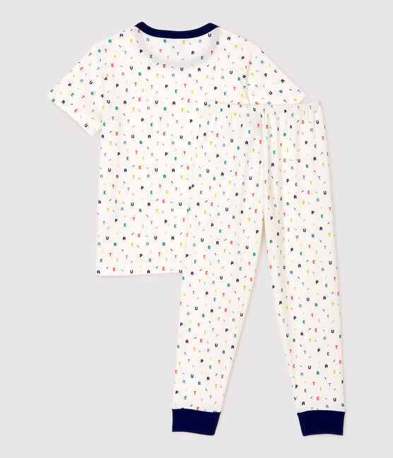 Pijama de manga corta estampado con letras multicolores de niño de algodón orgánico blanco MARSHMALLOW/blanco MULTICO