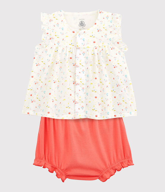 Conjunto de 2 prendas de flores de bebé niña en urdimbre y trama de algodón ecológico blanco MARSHMALLOW/blanco MULTICO