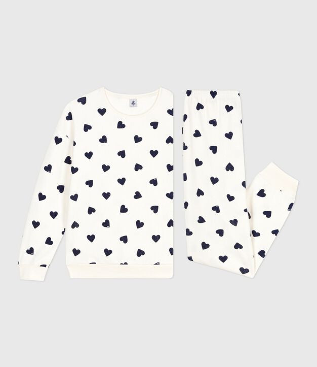 Pijama de rizo de algod&oacute;n con estampado de corazones para mujer azul/azul