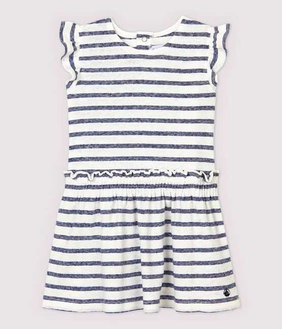 Vestido de manga corta de algodón/lino de rayas de bebé niña blanco MARSHMALLOW/azul MEDIEVAL