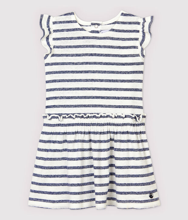 Vestido de manga corta de algod&oacute;n/lino de rayas de beb&eacute; ni&ntilde;a blanco/azul