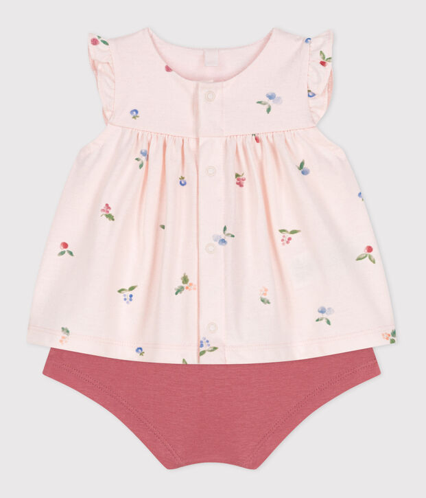 Conjunto de dos piezas de algod&oacute;n con blusa con volante para reci&eacute;n nacido rosa/multicolor